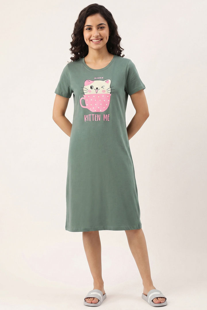Zivame Farm Lore Knit Cotton Knee Length Nightdress - Iceberg Green — image 2